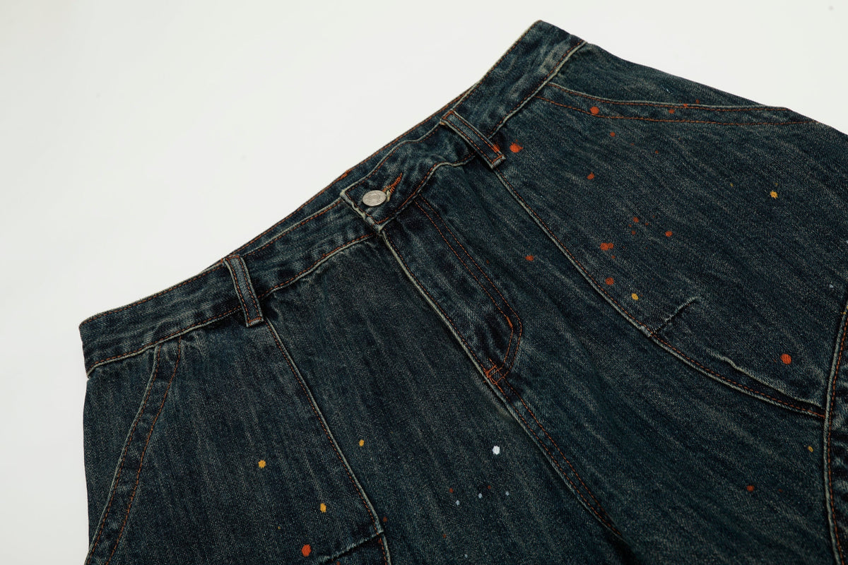 Calça Jeans Wide-Leg Patchwork com Respingos de Tinta Madxmarx