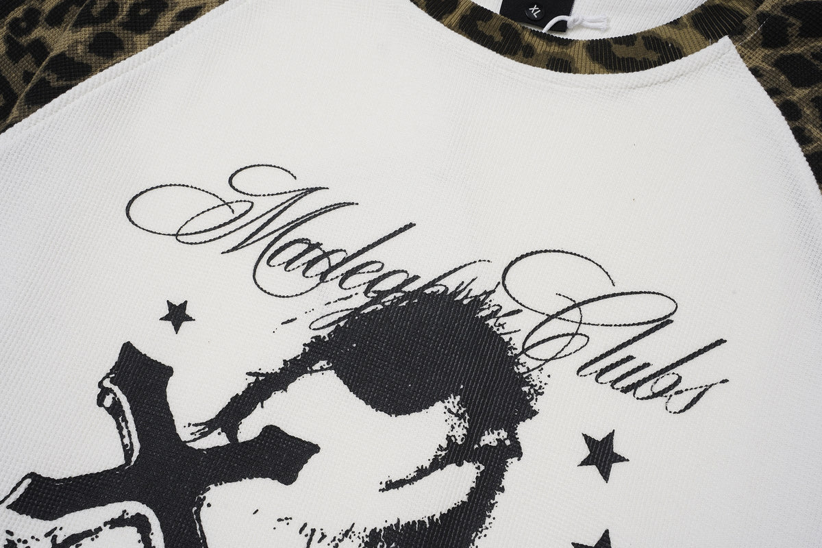Madxmarx Leopard Sleeve Cross Graphic Long Sleeve Tee