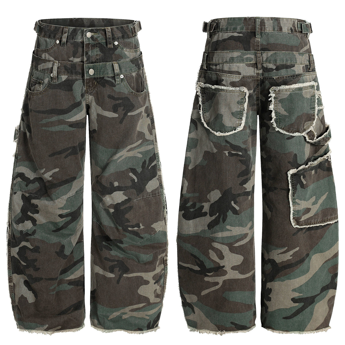 Calça Jeans Cargo Camuflada de Cintura Dupla Madxmarx