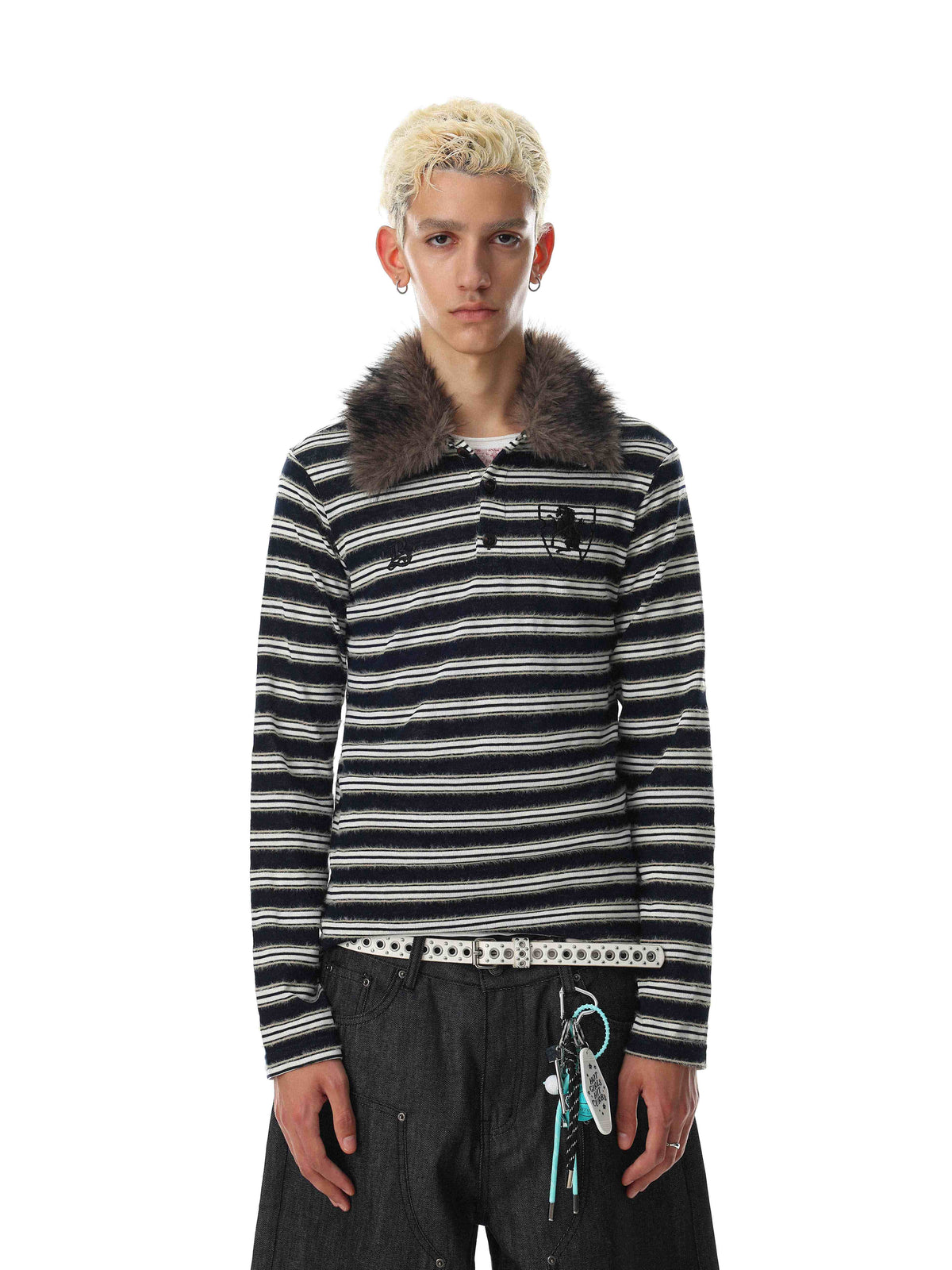 Madxmarx Vintage Striped Fur Collar Long Sleeve Polo