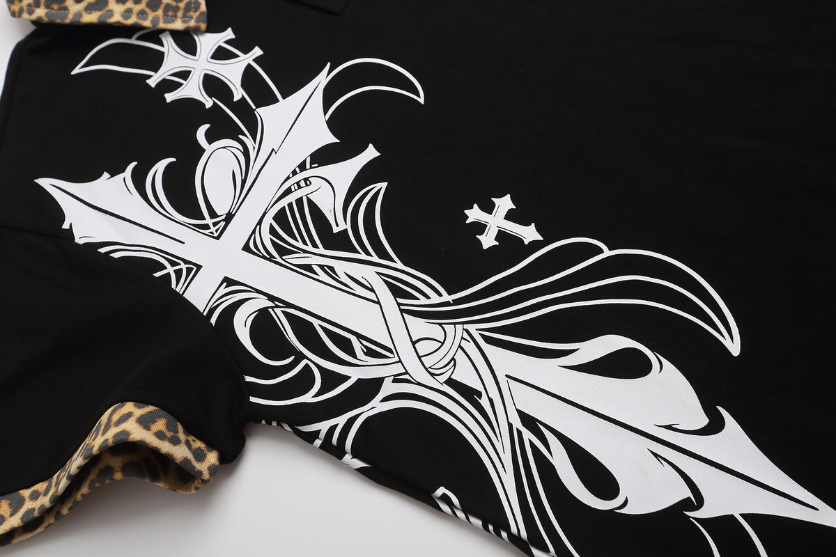 Madxmarx Gothic Cross Leopard Collar Polo Shirt