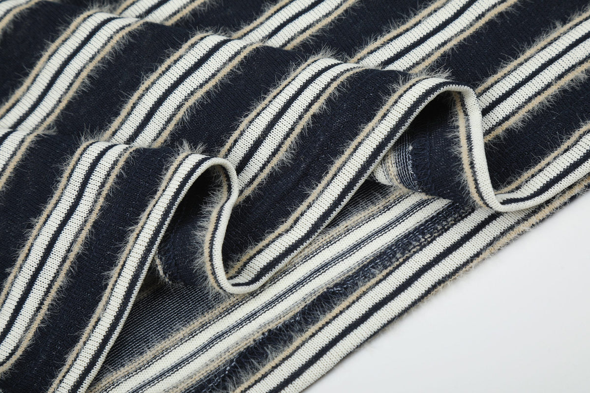 Madxmarx Vintage Striped Fur Collar Long Sleeve Polo