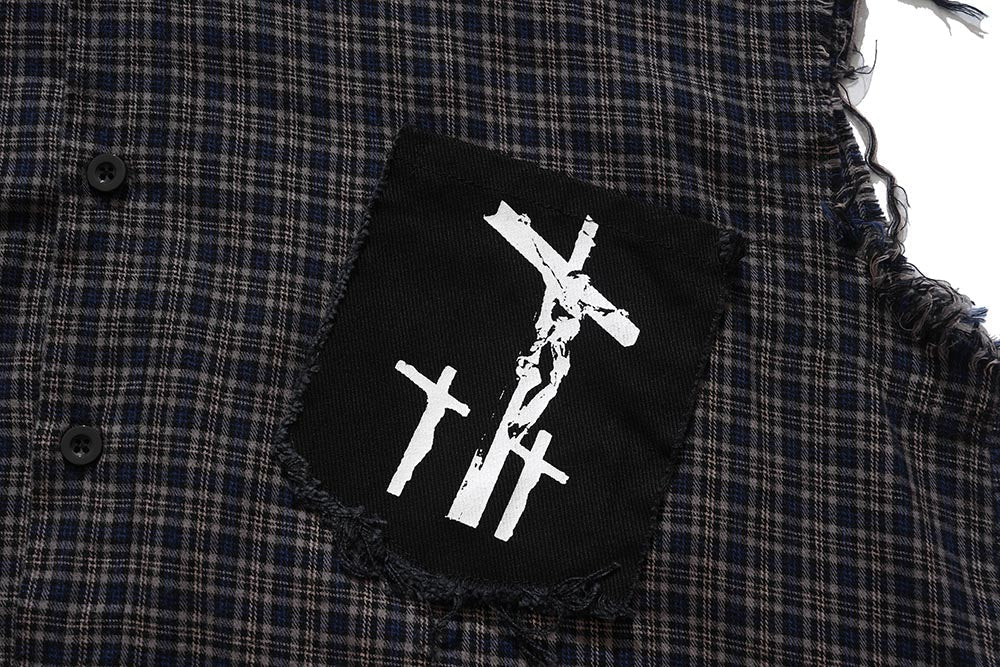 Madxmarx Raw-Edge Plaid Sleeveless Cotton Shirt