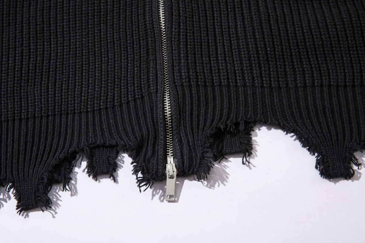 Madxmarx Distressed Zip-Up Knit Cardigan