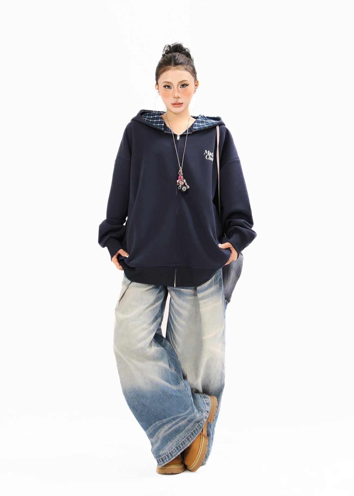 Madxmarx Plaid-Lined Minimal Zip Hoodie