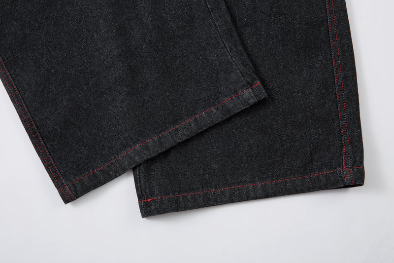 Madxmarx Red Stitch Embroidered Wide-Leg Jeans