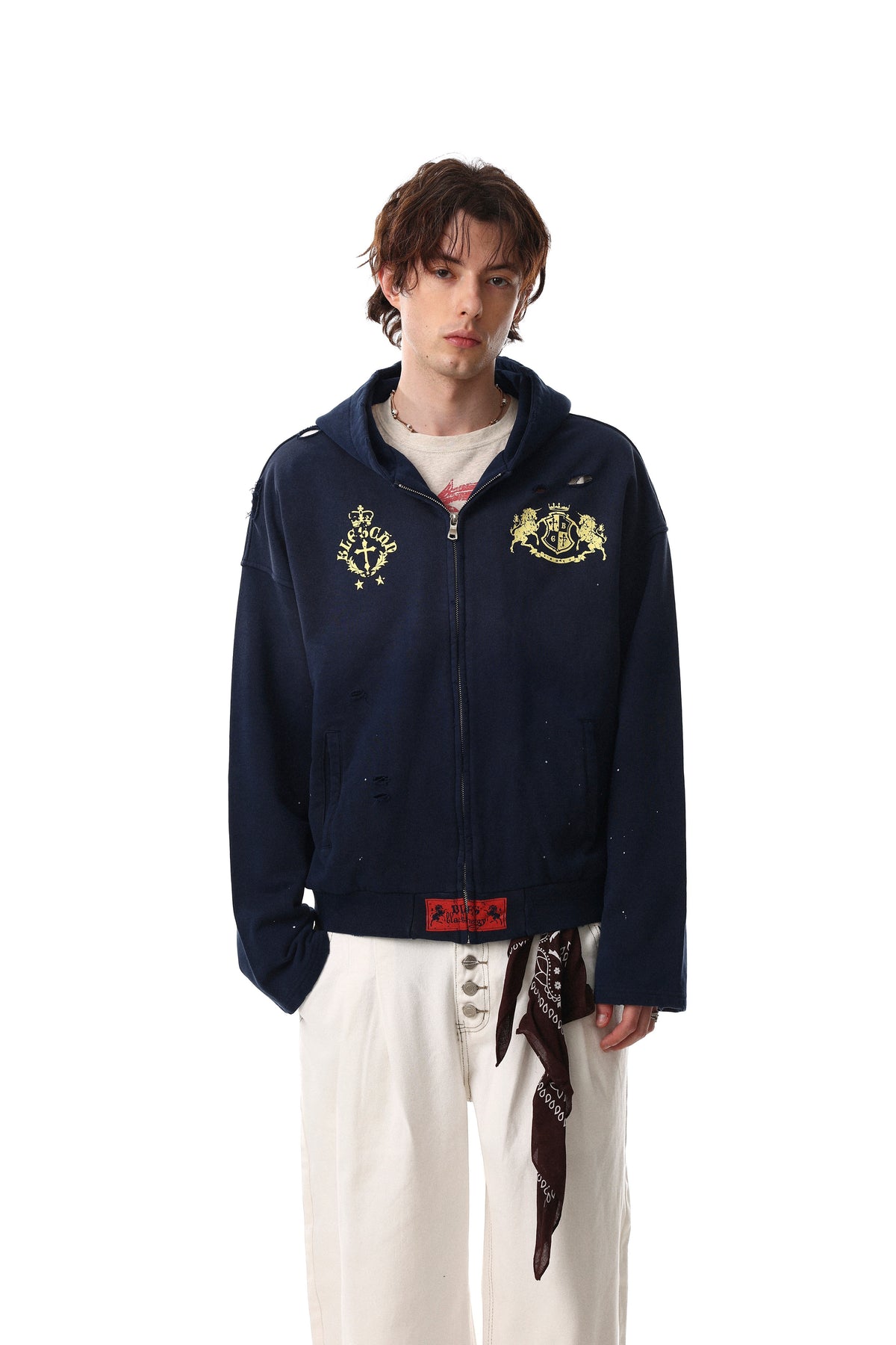 Madxmarx Distressed Crest Zip-Up Hoodie