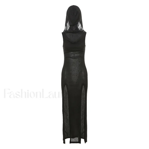 Vestido gótico elegante e sexy, com decote canoa, manga longa, estilo francês chic, fenda, justo, elástico e com babados para o verão - Preto / S
