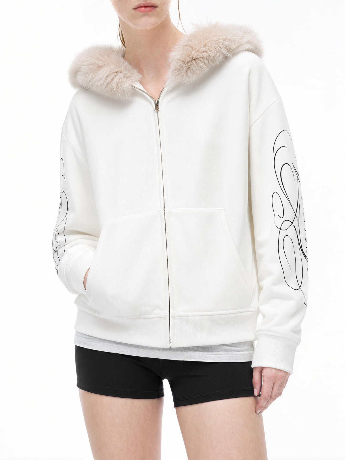 Madxmarx Faux Fur Hood Graphic Zip-Up Hoodie