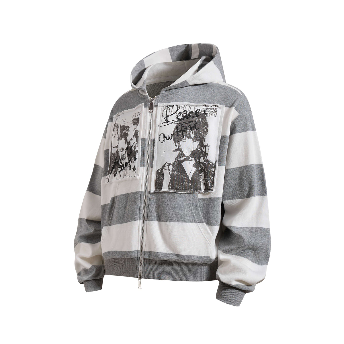 Madxmarx Striped Patchwork Graphic Zip-Up Hoodie
