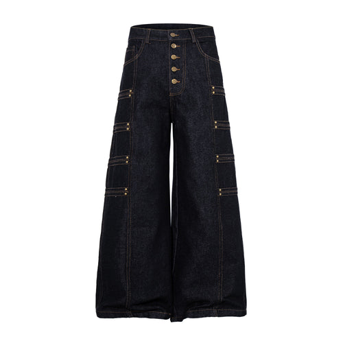 Madxmarx Military Button Panel Wide-Leg Jeans - S / Black