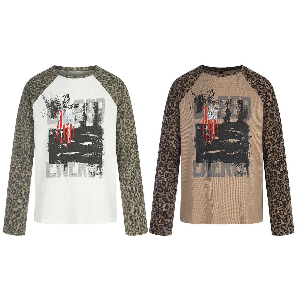 Madxmarx Leopard Sleeve Graphic Waffle Long Sleeve T-Shirt
