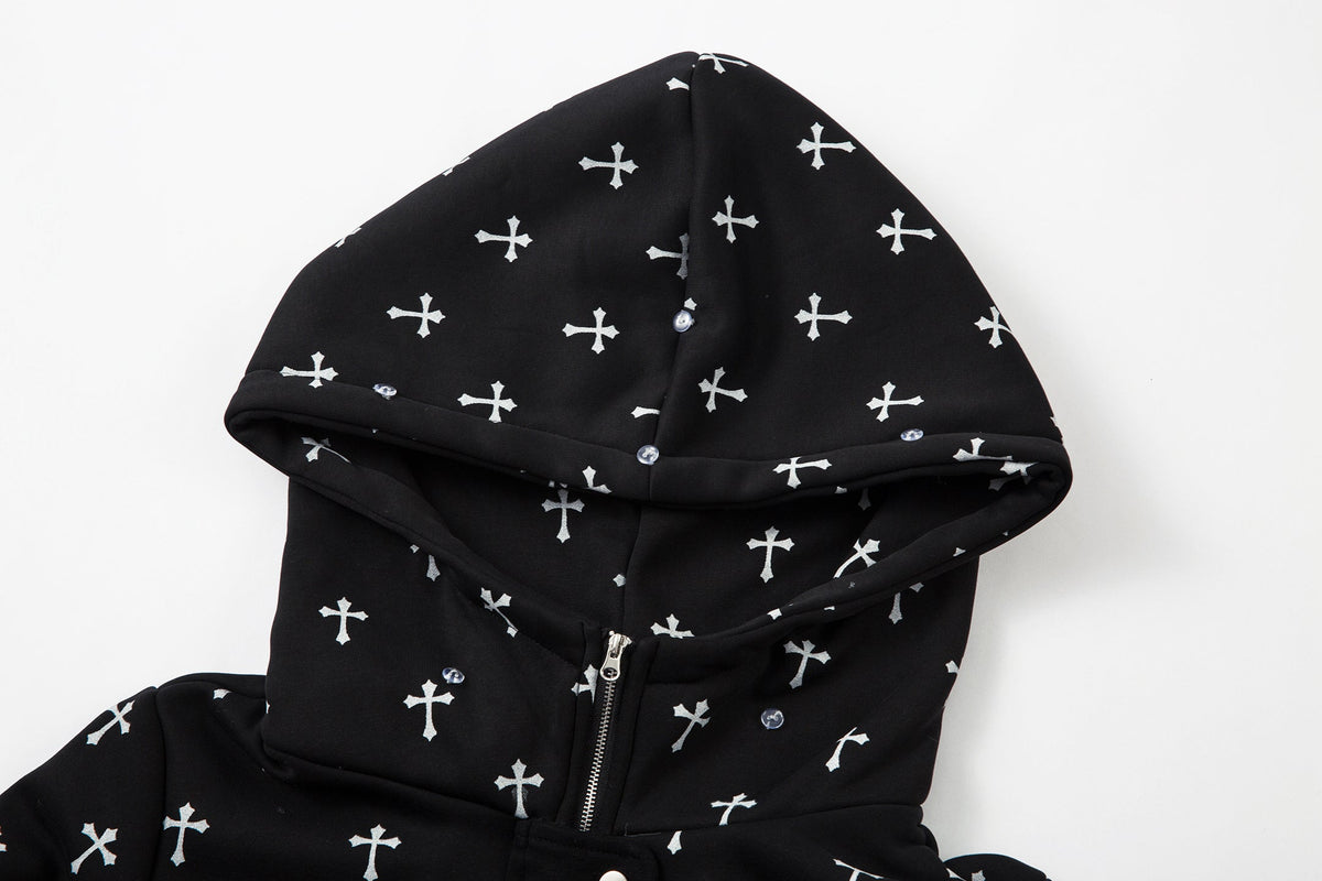 Madxmarx Cross Print Faux Fur Hooded Jacket