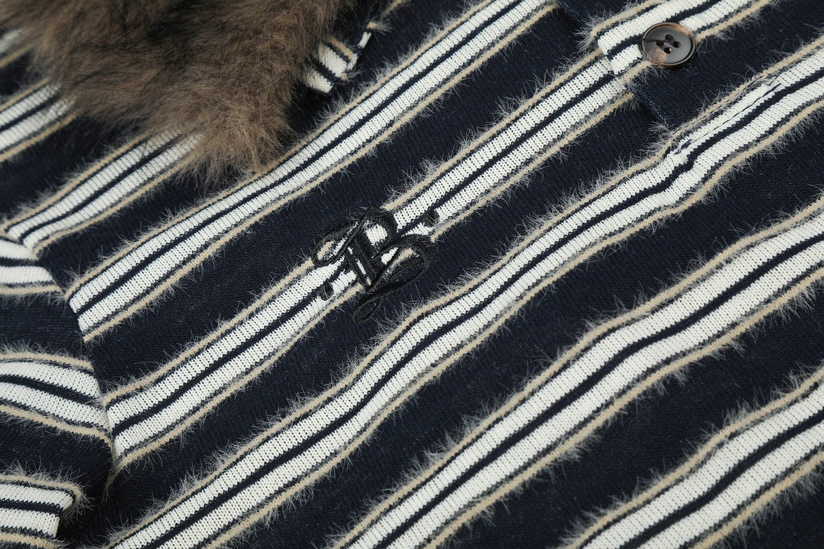 Madxmarx Vintage Striped Fur Collar Long Sleeve Polo