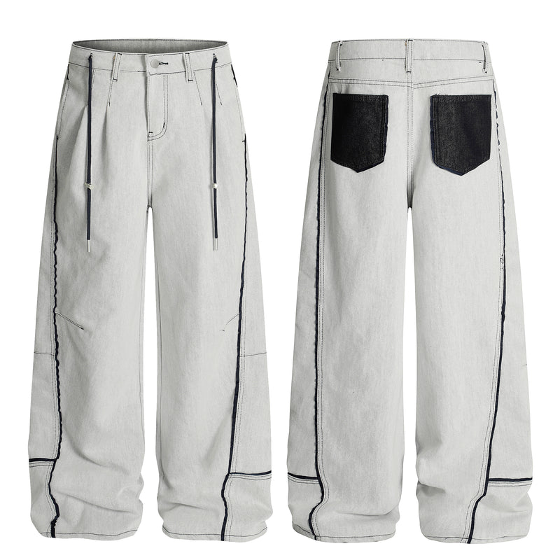 Madxmarx Contrast-Stitch Wide-Leg Denim Pants