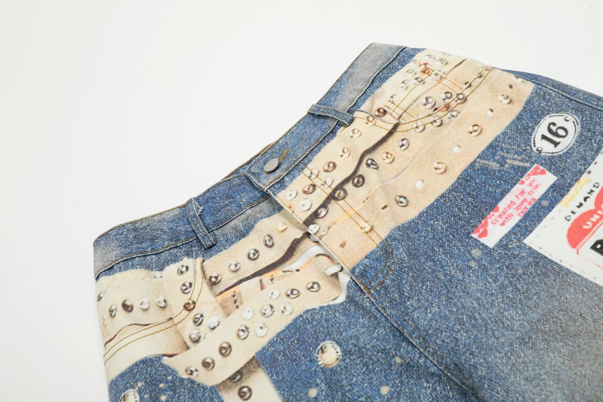 Calça Jeans com Estampa de Cinto de Tachas Madxmarx