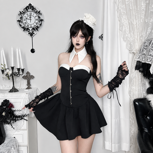 Minivestido corset frente única preto e branco - S / Preto