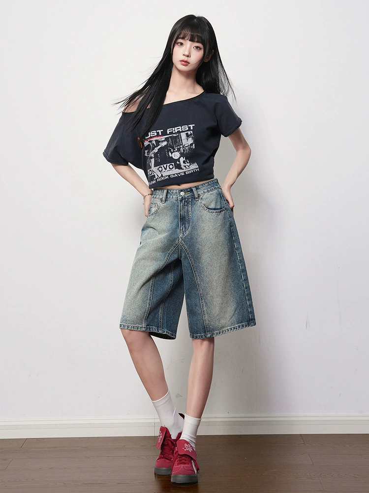 Pantaloni da donna Y2k in tessuto lavato e consumato