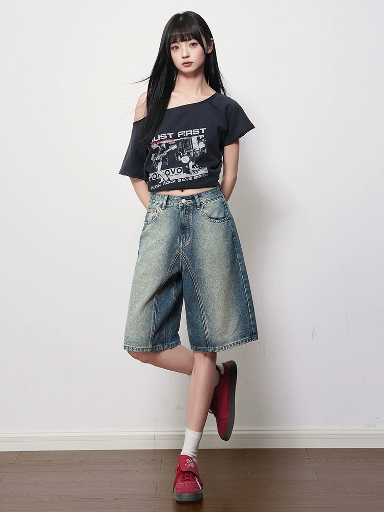 Pantaloni da donna Y2k in tessuto lavato e consumato