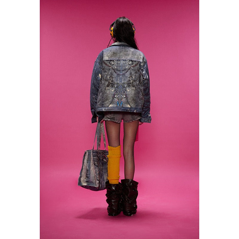 Abstract Chain Detail Denim Jacket