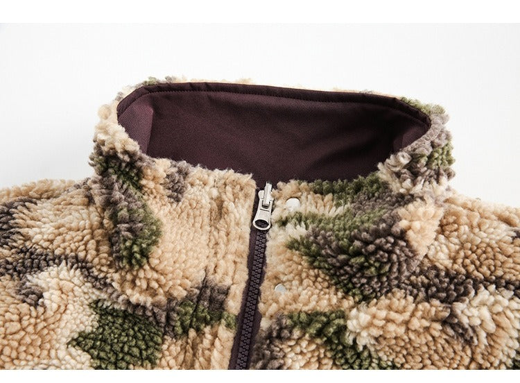 Retro camouflage stand-up collar reversible Thickened Lambswool Jacket