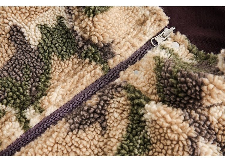 Retro camouflage stand-up collar reversible Thickened Lambswool Jacket