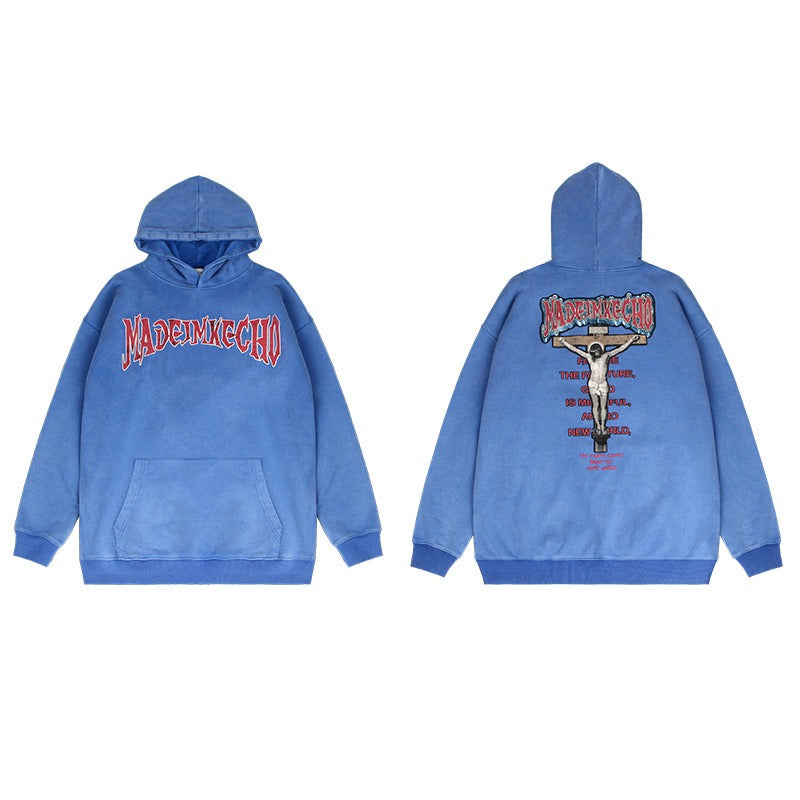 Sweat à capuche délavé Crucifix