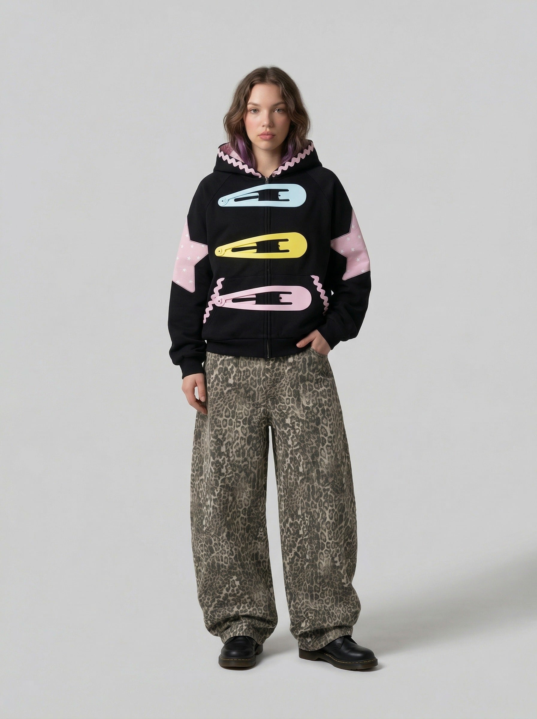 Star Appliqué Color-Block Zip Hoodie