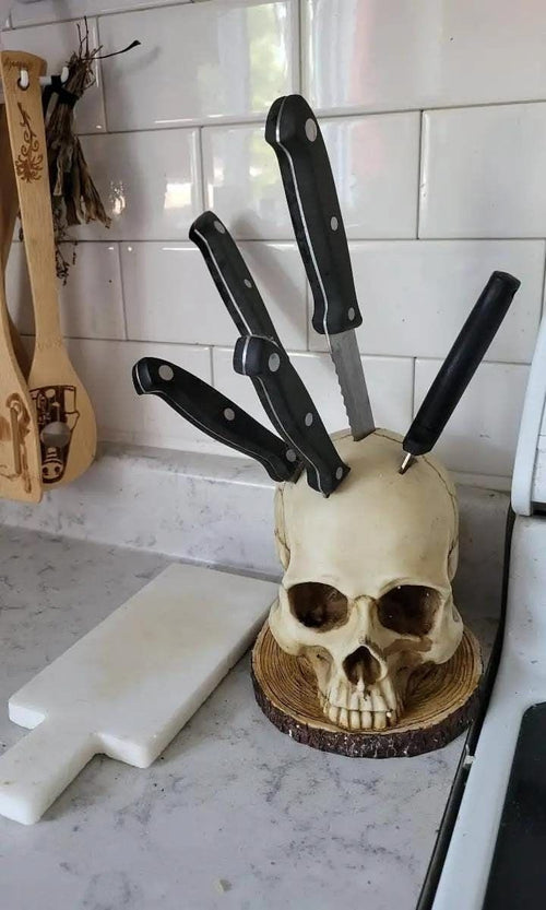 Skull Knife Holder – Gothic Halloween Kitchen Counter Decor - Light Skull