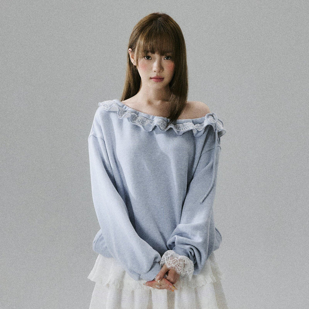Off-Shoulder Lace Trim Sweatshirt