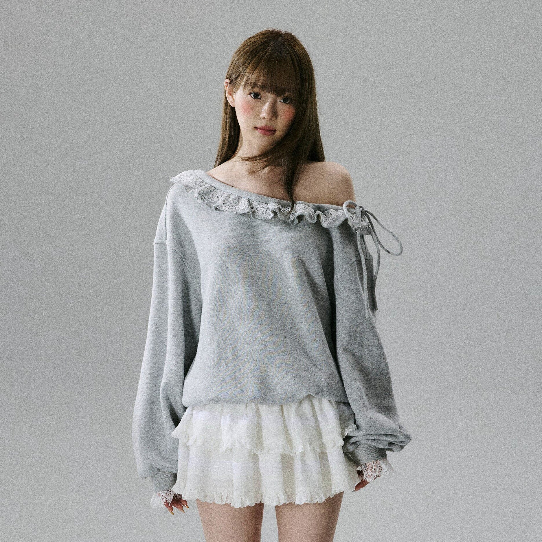 Off-Shoulder Lace Trim Sweatshirt