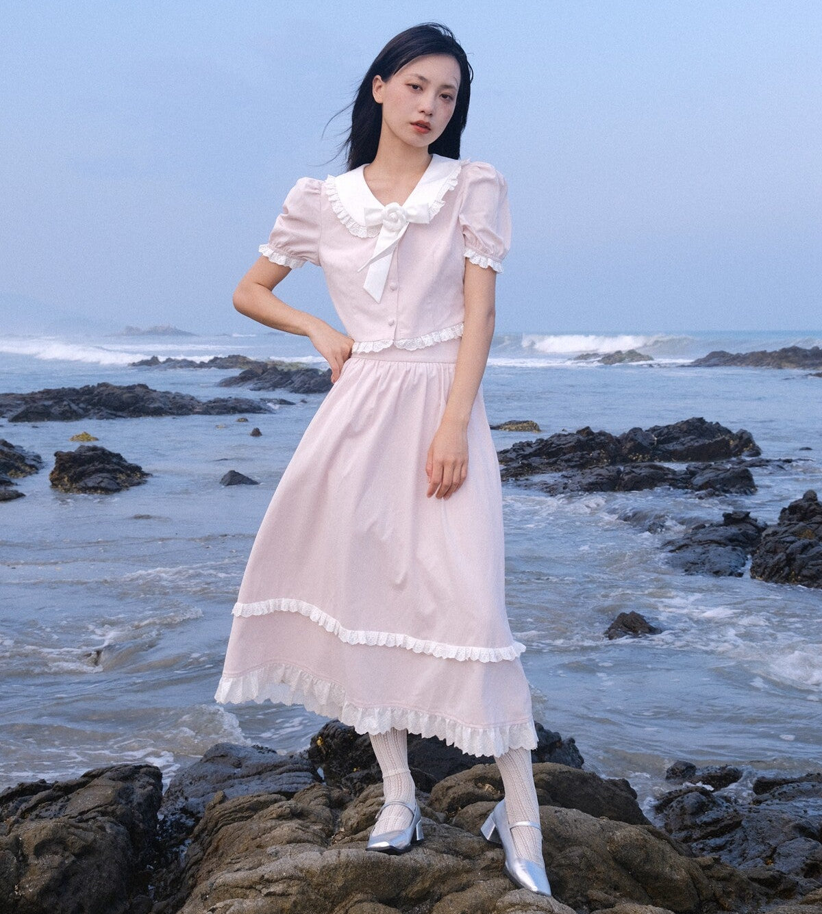 Lace Details Bow Blouse & Lace Trim Skirt Setup