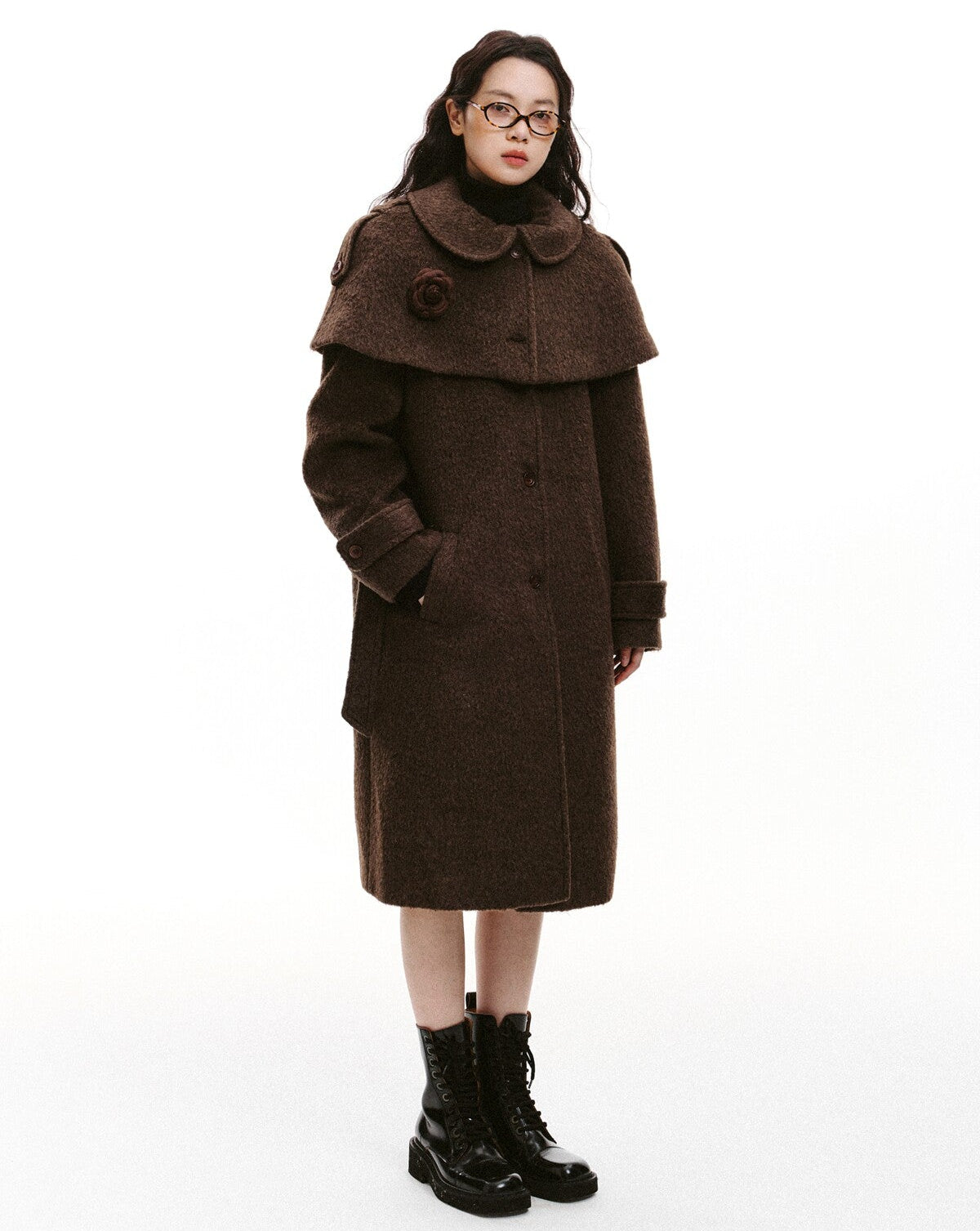 Cape Collar & Flower Detail Belted Coat