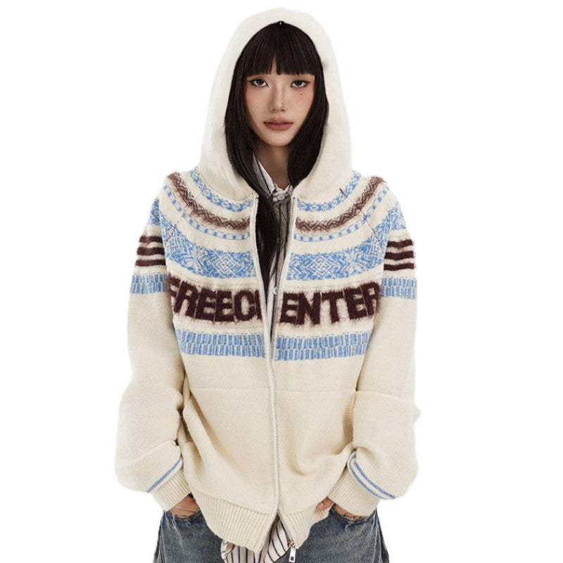 Fair Isle Hooded Detachable Fur Collar Knit Cardigan