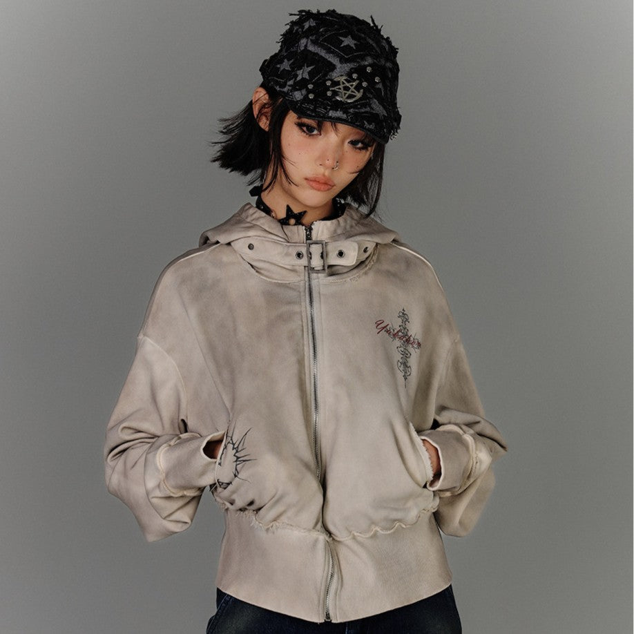 Washed Damage Oversize Zipper Hoodie