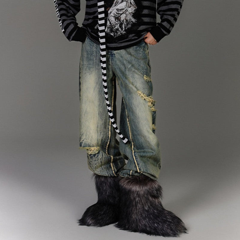 Washed Blue Damage Wide Leg Denim Jeans