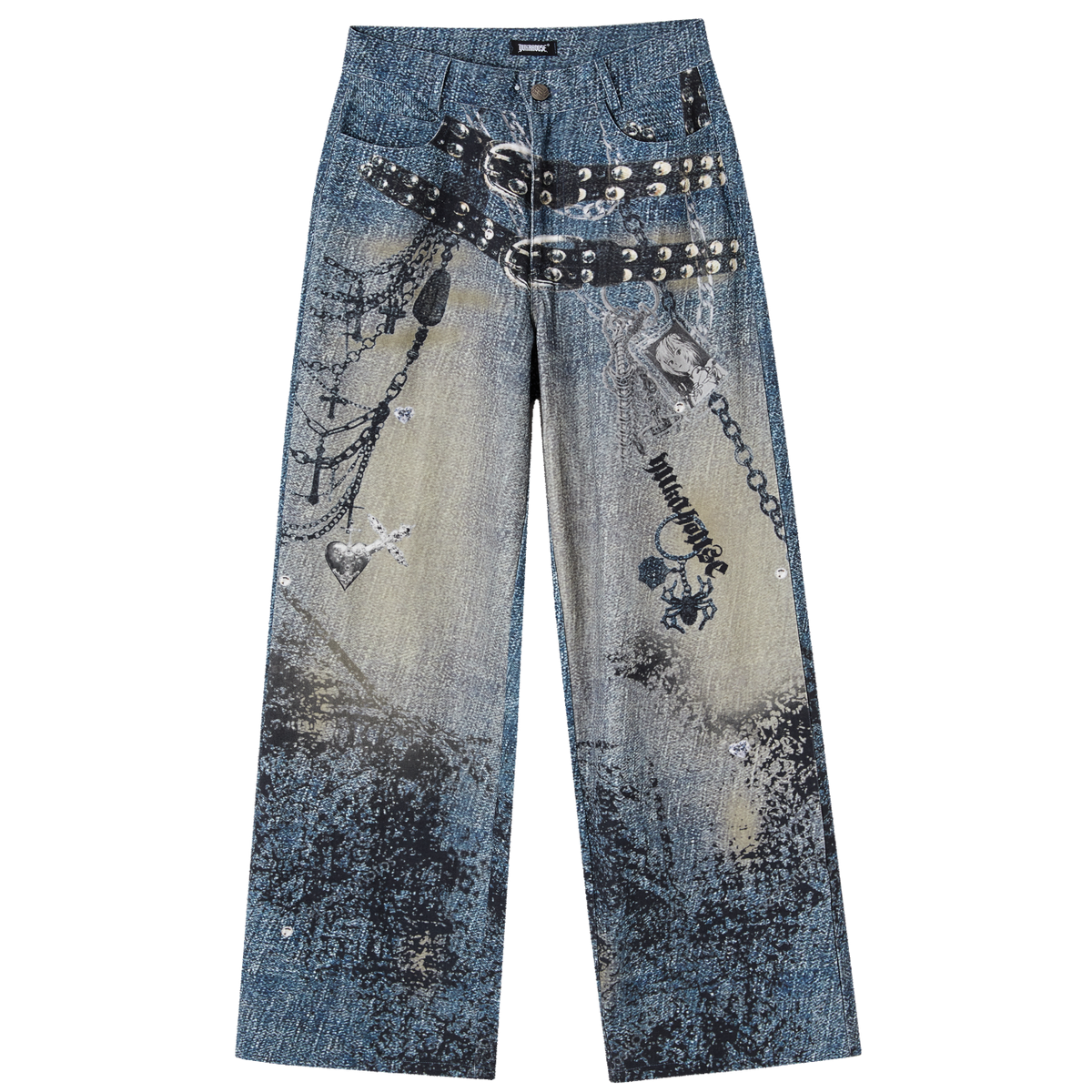 Chain Design Wide Leg Straight Denim Jeans