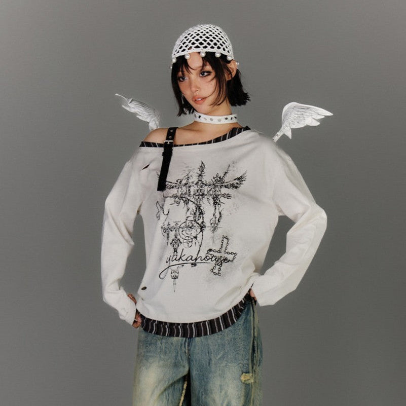 Off-Shoulder Asymmetrical Punk Long Sleeve T-Shirt