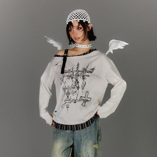 Off-Shoulder Asymmetrical Punk Long Sleeve T-Shirt - Beige / S