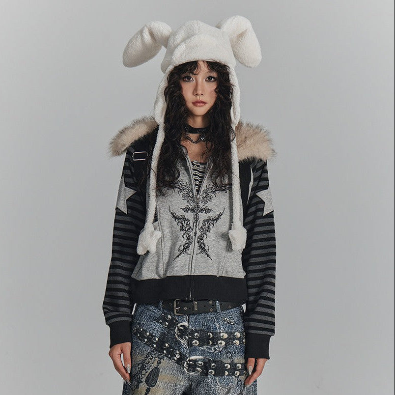 Fur Collar Patchwork Oversize Zipper Hoodie