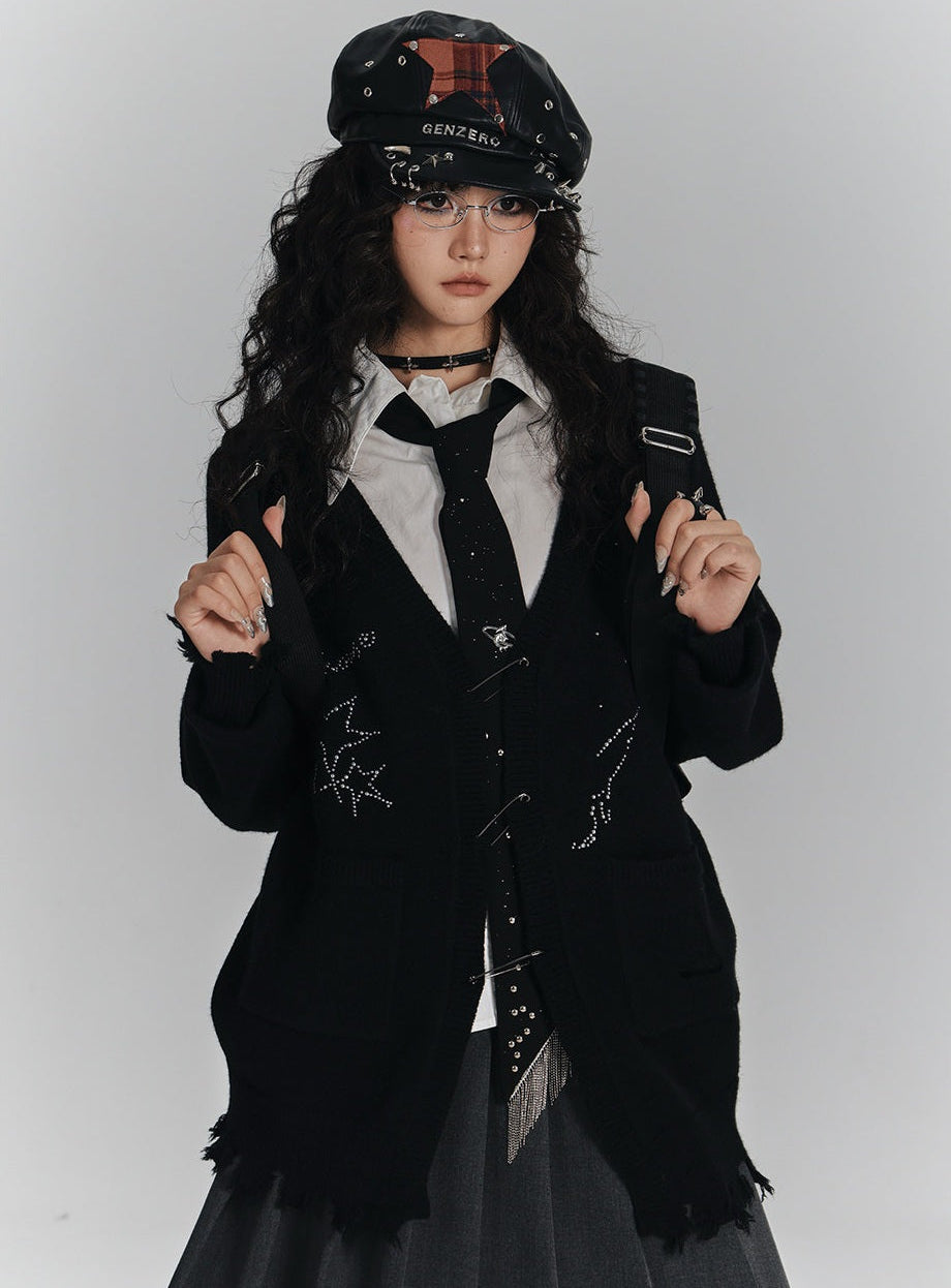 Safety Pin V-Neck Oversize Knit Cardigan