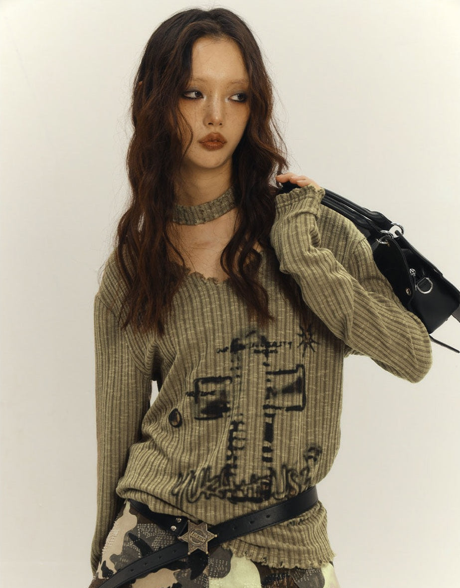 Slim Fit Graphic Design Thin Knit Sweater