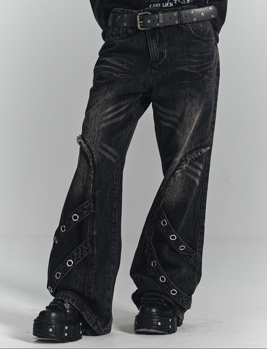 Washed Frayed Wide-Leg Straight Denim Jeans
