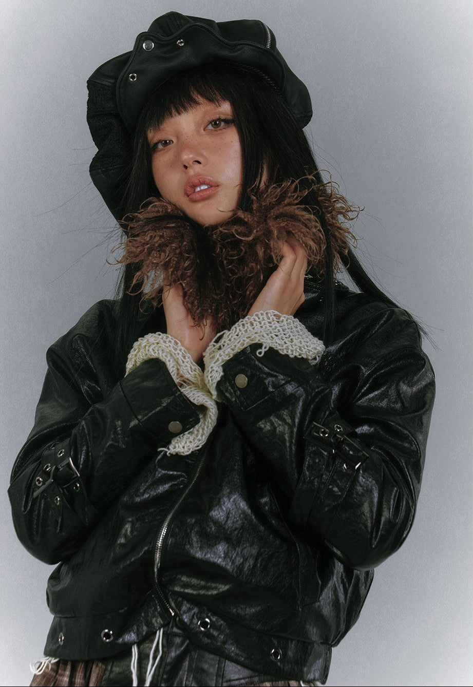 Detachable Fur Collar Glossy Padded PU Leather Jacket