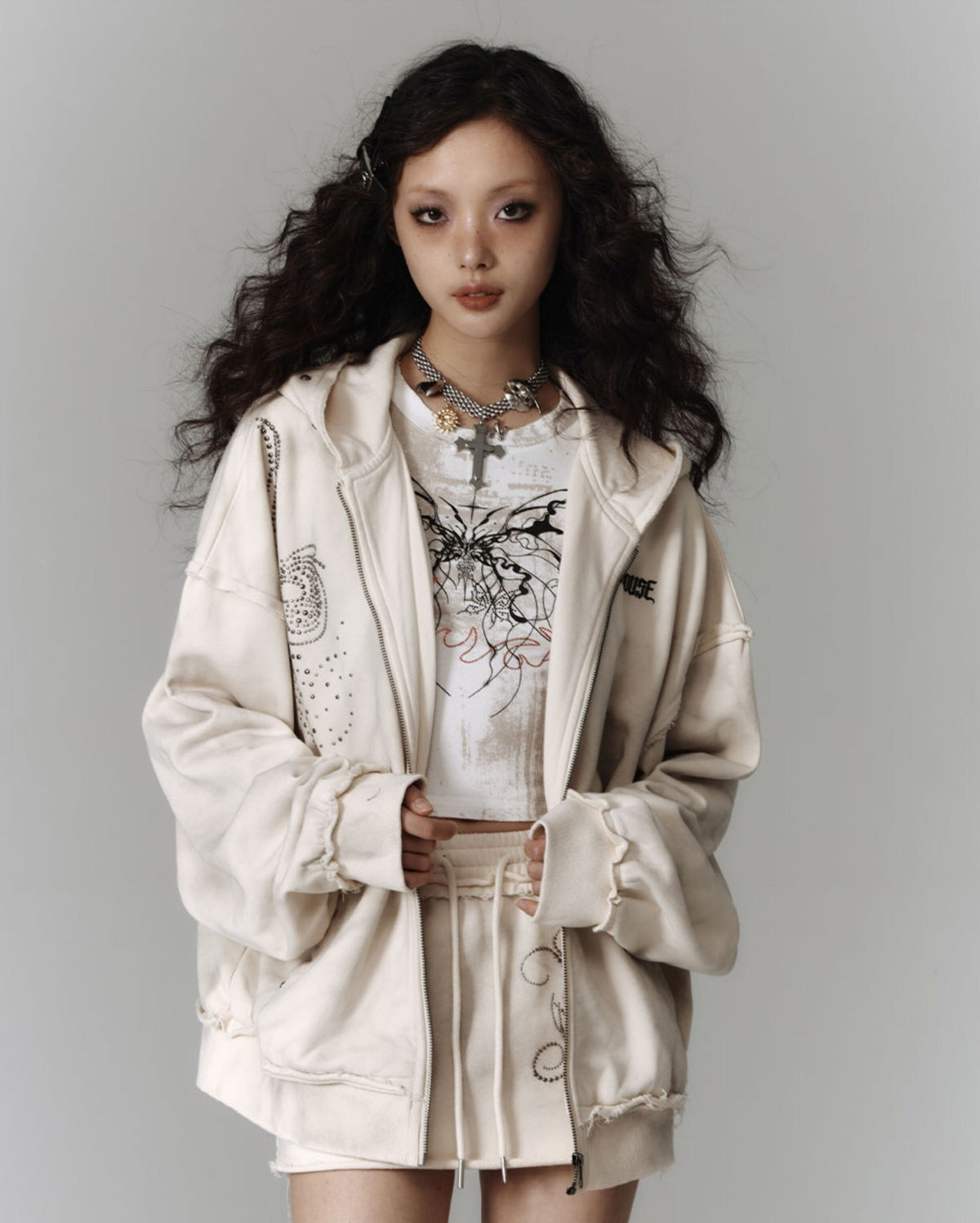 Washed Damage Oversize Zipper Hoodie & Short Skirt & Wide Leg Pants Setup