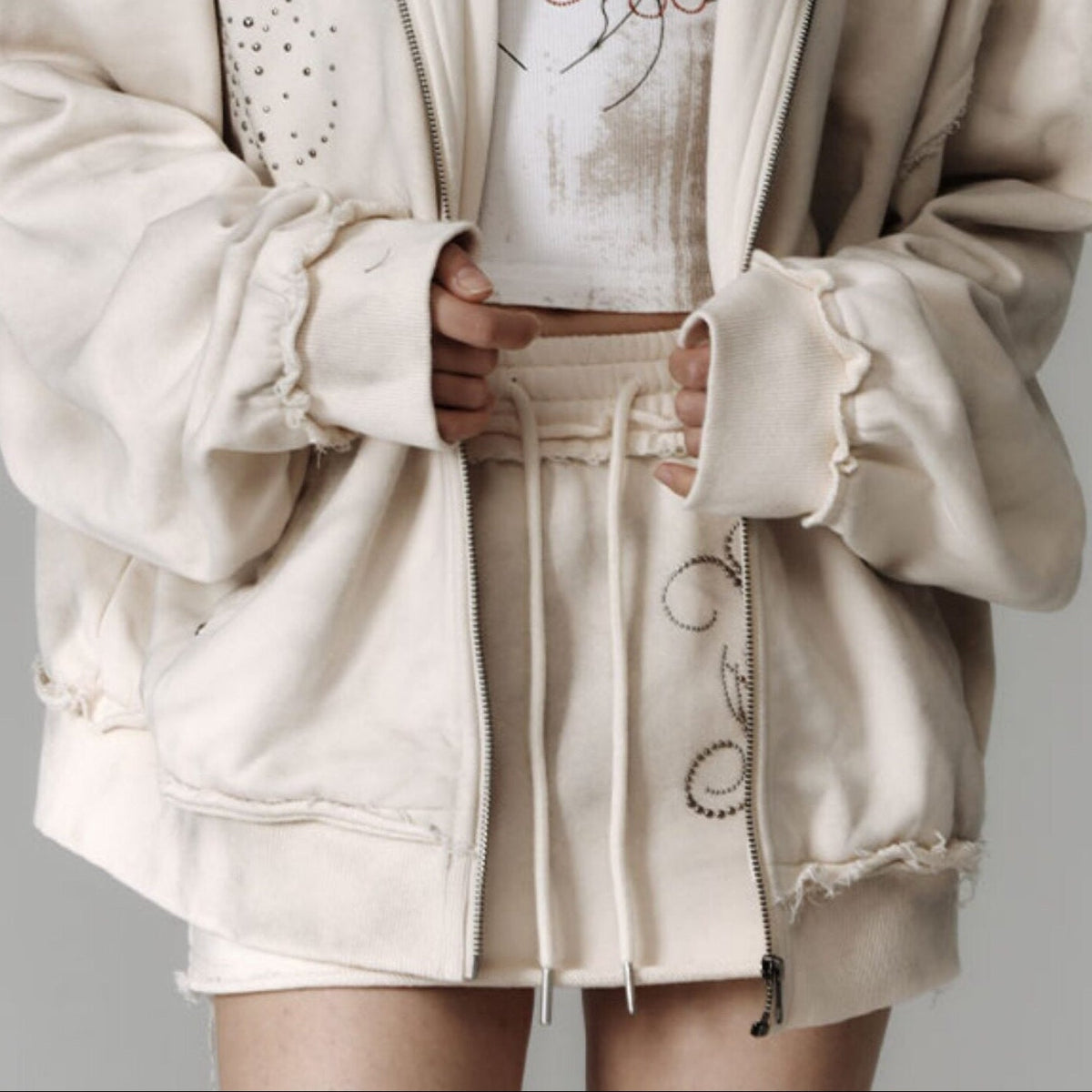 Washed Damage Oversize Zipper Hoodie & Short Skirt & Wide Leg Pants Setup