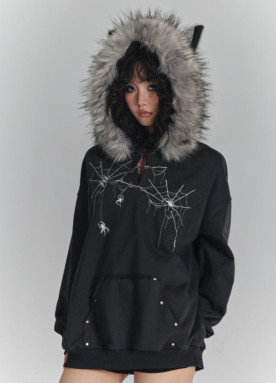 Spider Web Print Fur Collar Cat Ear Oversize Zipper Hoodie