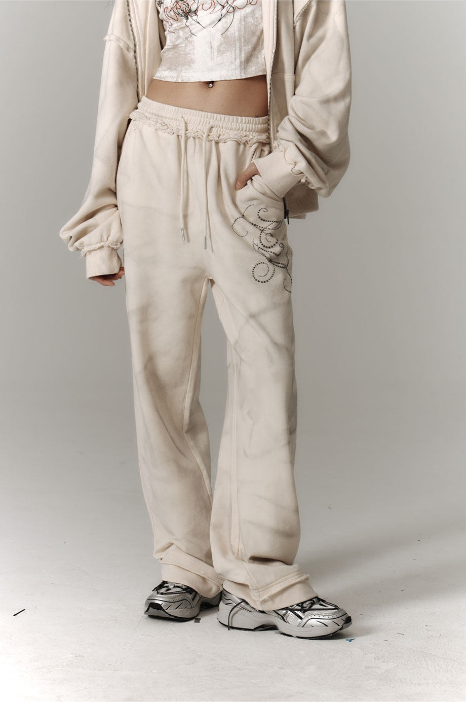 Washed Damage Oversize Zipper Hoodie & Wide Leg Pants Setup