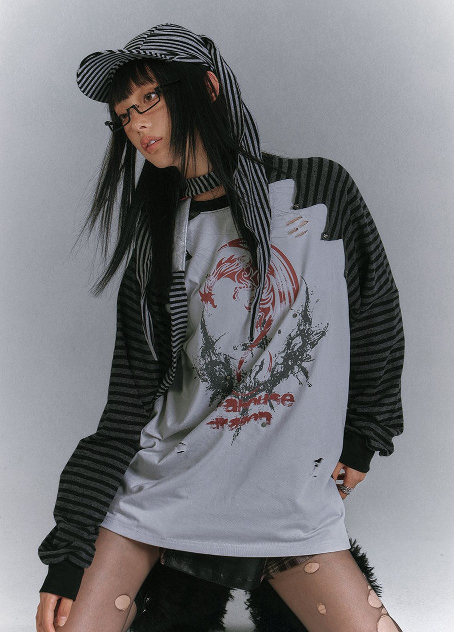 Raglan Stripe Damage Patchwork Long Sleeve T-Shirt