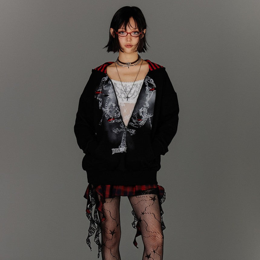 Fake Layered Zipper Stripe Oversize Pullover Hoodie